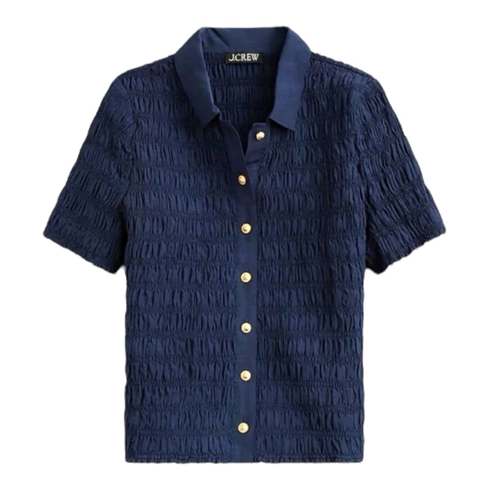 NWT J. Crew Smocked Gold Button Up Cotton Voile Blend Shirt in Navy Blue - L